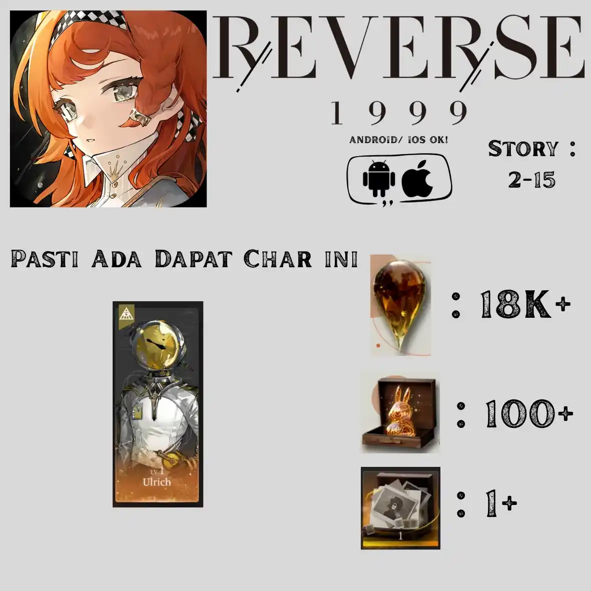 Total Gacha 210~250x, Clear Drop 18~23K, Uni Log 100~140, + Ulrich