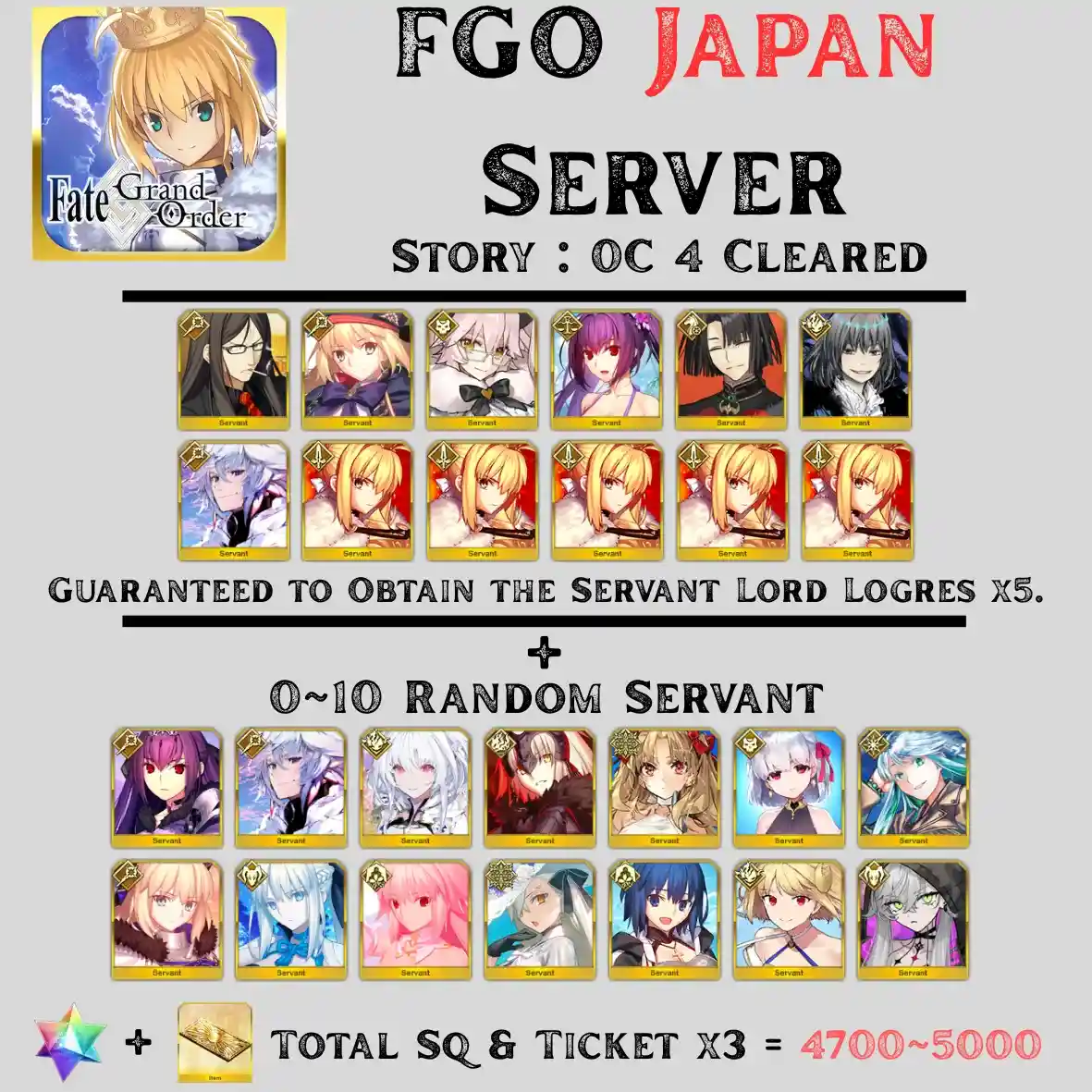 Japan Server | Total SQ+ Ticket 4700+, FULL RGB SP + Lord Logres x5 + 0~10 SSR Random Servants