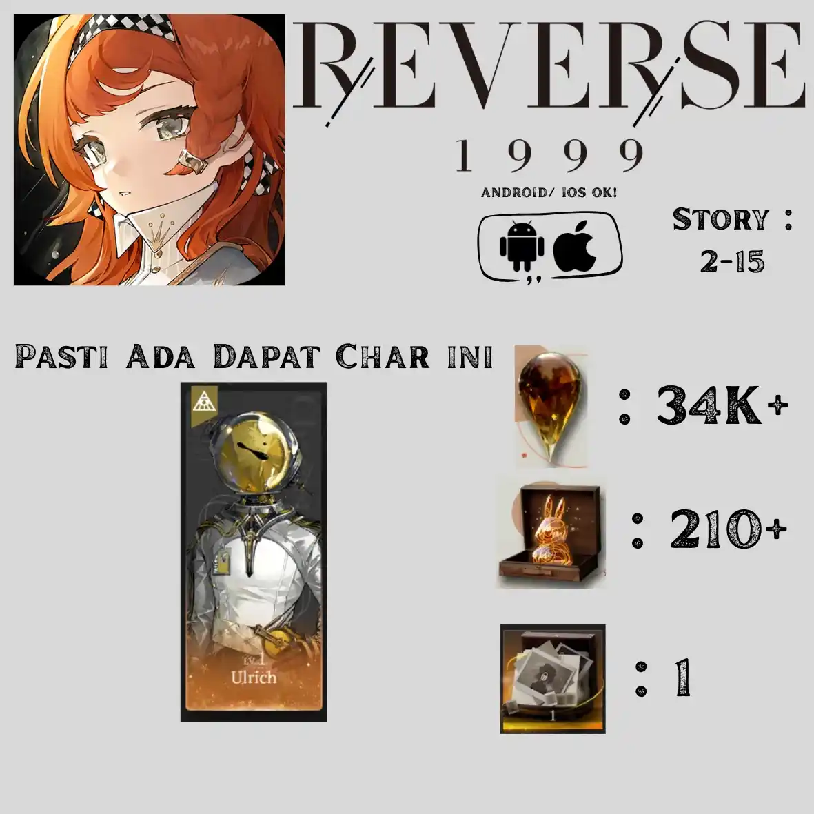 Total Gacha 400~430, Clear Drop 34~38K, Uni Log 210~250 + Ulrich