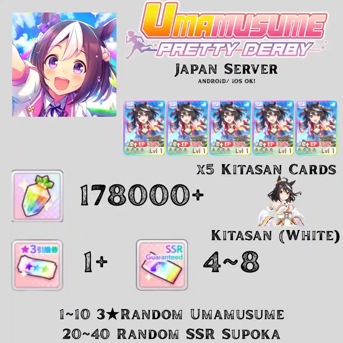 Japan Server | 178K+ Carats, 5x Kitasan Cards + Kitasan (White)